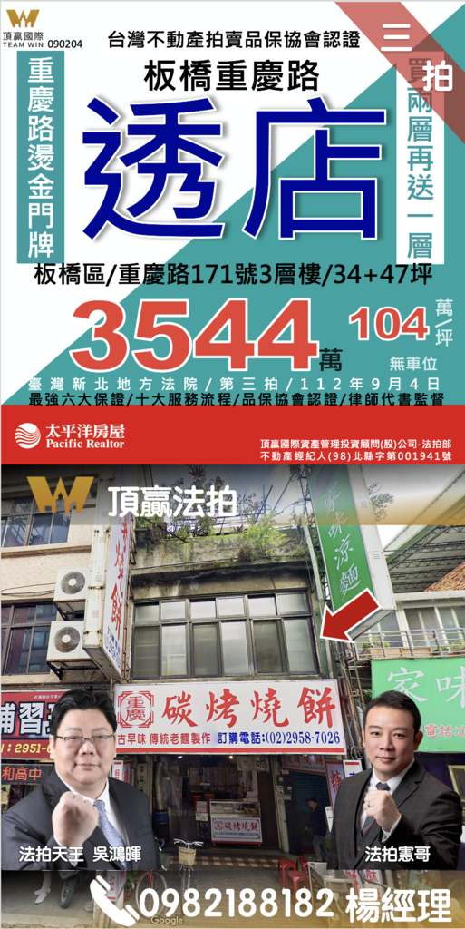 ◼️｜頂贏法拍｜板橋法拍屋｜0904｜三拍｜重慶路店面｜新北