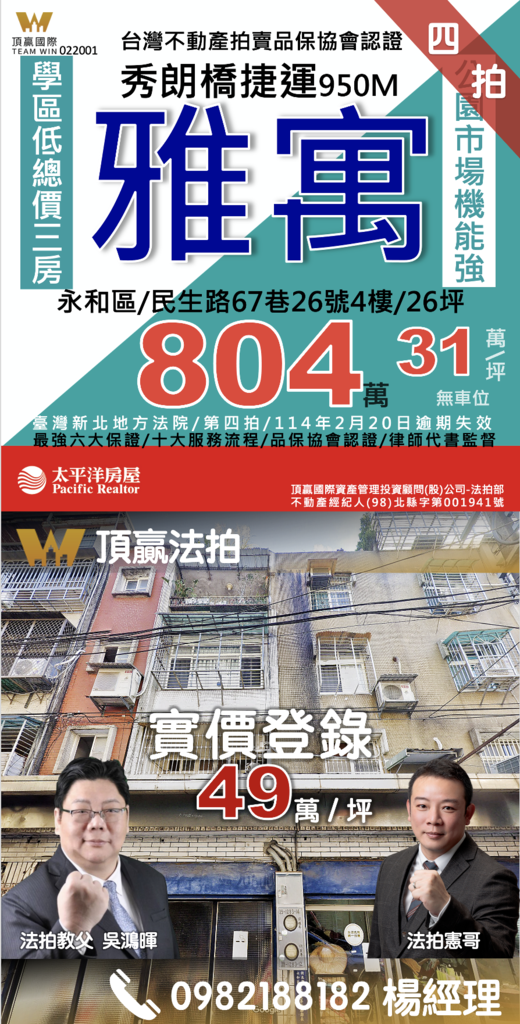 ◼️｜已拍定｜頂贏法拍｜永和法拍屋｜0220｜四拍｜秀朗橋捷