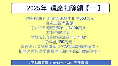 2025年 遺產扣除額1 2025年 遺產扣除額1