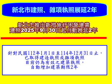 新北市建照、雜項執照展延2年