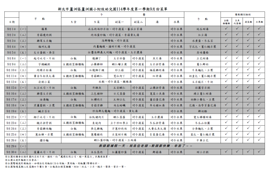 114-1學期9月份菜單