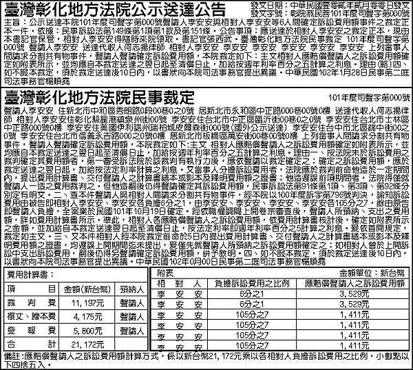 法院公示送達民事裁定公告請求分割共有物事件，聲請人聲請確定訴訟費用額