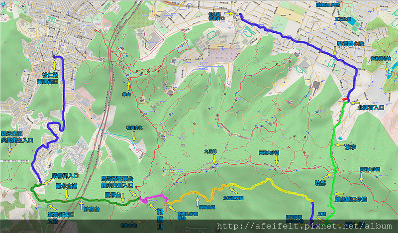 023、標示軌跡一：〖麗山橋口步道〗〖樹梅步道〗【姆指山】〖糶米古道〗