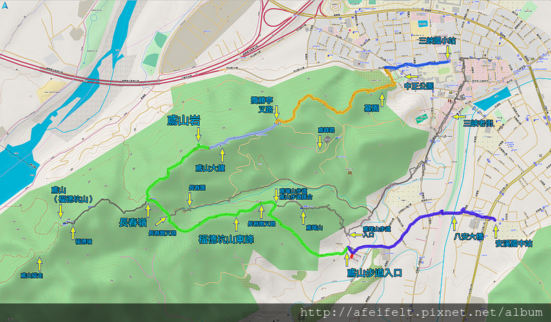 019、標示軌跡：鳶山步道-長春園-鳶山岩-覽勝亭-鳶山步道-中正公園