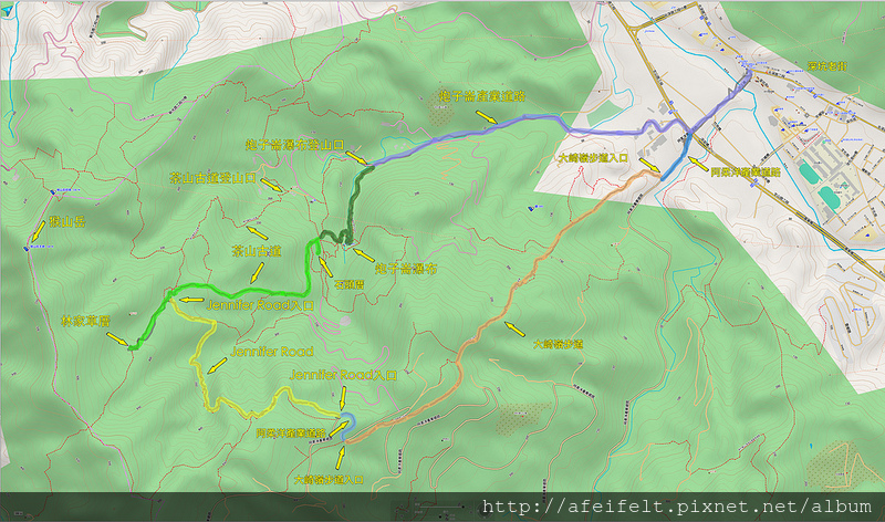 軌跡標示:「 炮子崙瀑布、茶山古道、JenniferRoad、大崎崙步道」