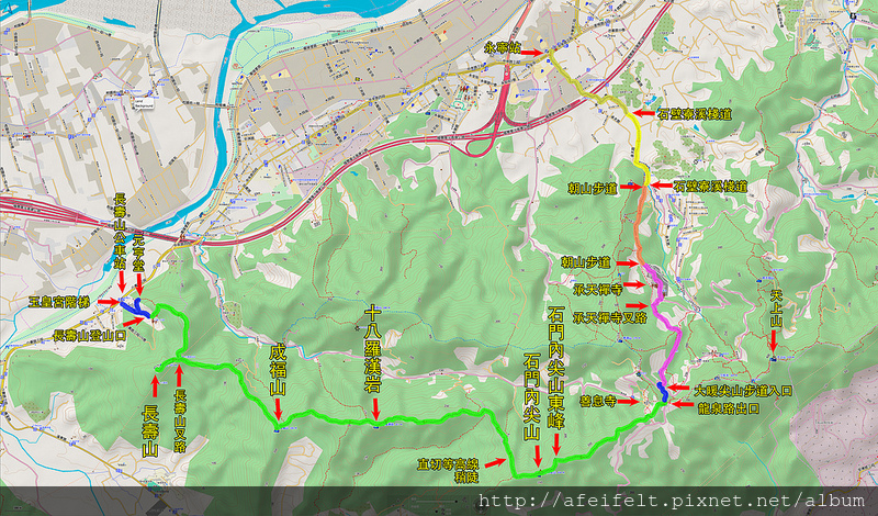 013、標示路線軌跡：土城步道：長壽山、成福山、十八羅漢岩、石門內尖山、石門內尖山東峰