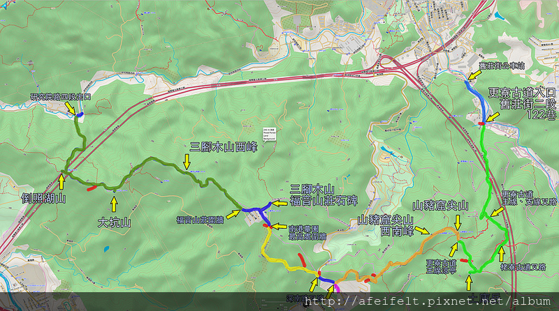 017、標示軌跡路線::土庫岳-山豬窟尖山-三腳木山-大坑山-倒照湖山