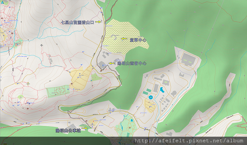 軌跡標示：陽明山大都會公車站-苗圃登山口人車分道