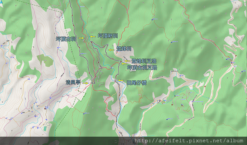 軌跡標示:坪頂古圳三條高度位置