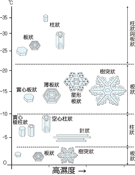 不同溫度與飽和度之下的冰晶形態