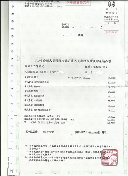 102年監獄官錄取通知書11111111