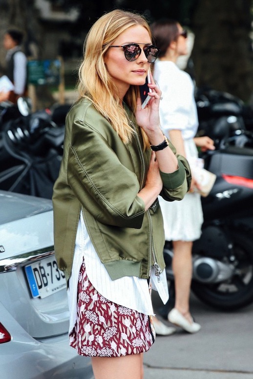 Le-Fashion-Blog-Street-Style-Olivia-Palermo-Sunglasses-Green-Bomber-Jacket-With-Built-In-White-Shirt-Printed-Mini-Skirt-Via-Teen-Vogue