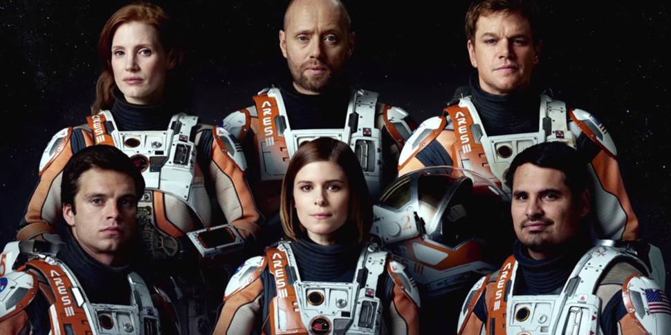 Matt Damon, Jessica Chastain, Sebastian Stan, Kate Mara, Michael Peña og Aksel Hennie i The Martian