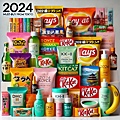 DALL·E 2024-09-21 10.04.32 - A colorful display of 2024 must-buy souvenirs from Tokyo, featuring a mix of snacks, skincare, and cosmetics. The image includes famous items such as .jpg