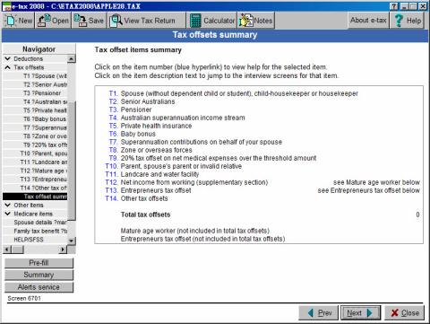 Tax offsets summary