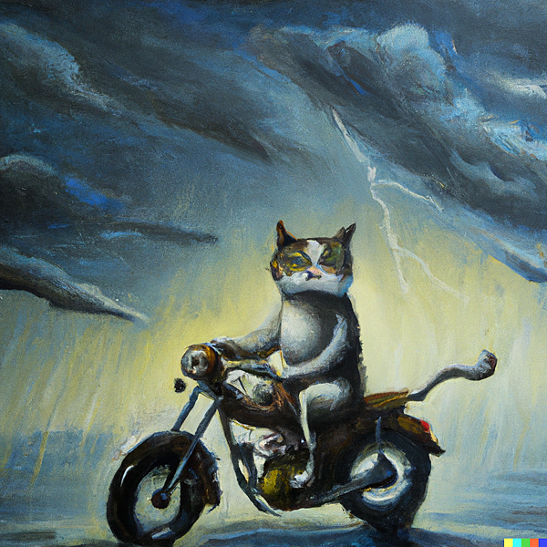 DALL·E 2023-03-25 22.54.35 - a surrealist dream-like oil painting of a cat with rainboots riding a motocycle in thunderstorm.png