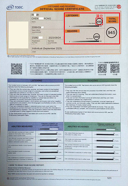 狂賀！學生Zony於TOEIC多益測驗榮獲高分！