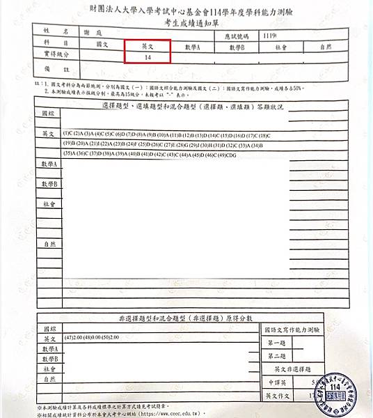 狂賀！學生Claire於大學學測英文科獲得14級分！