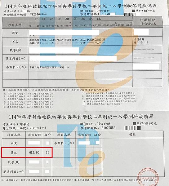 狂賀！學生承均於統測英文科榮獲佳績！