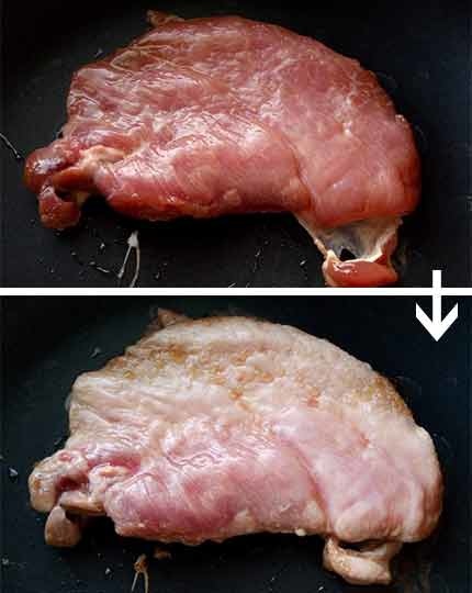 醬香嫩煎豬排 步驟 3:翻面煎肉排過程 醬香嫩煎豬排 步驟 3:翻面煎肉排過程
