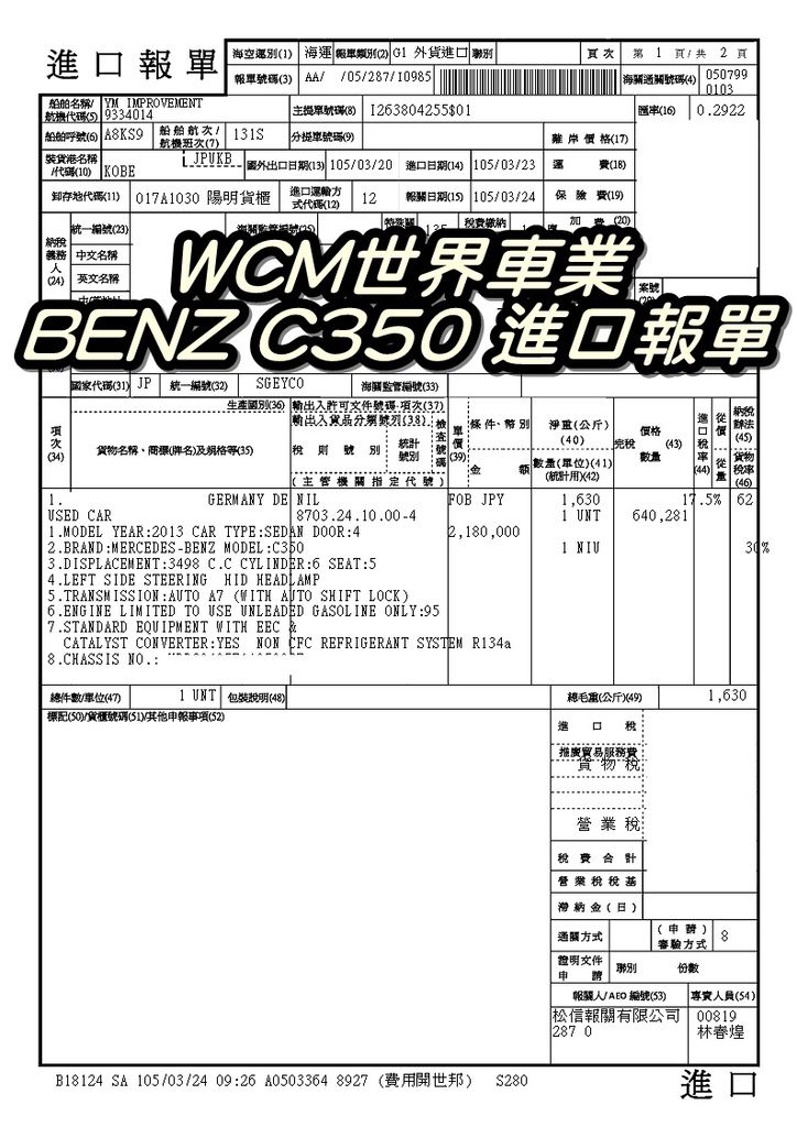 代購外匯車分享，BENZ C350代購回台灣，代購外匯車推薦世界車業。