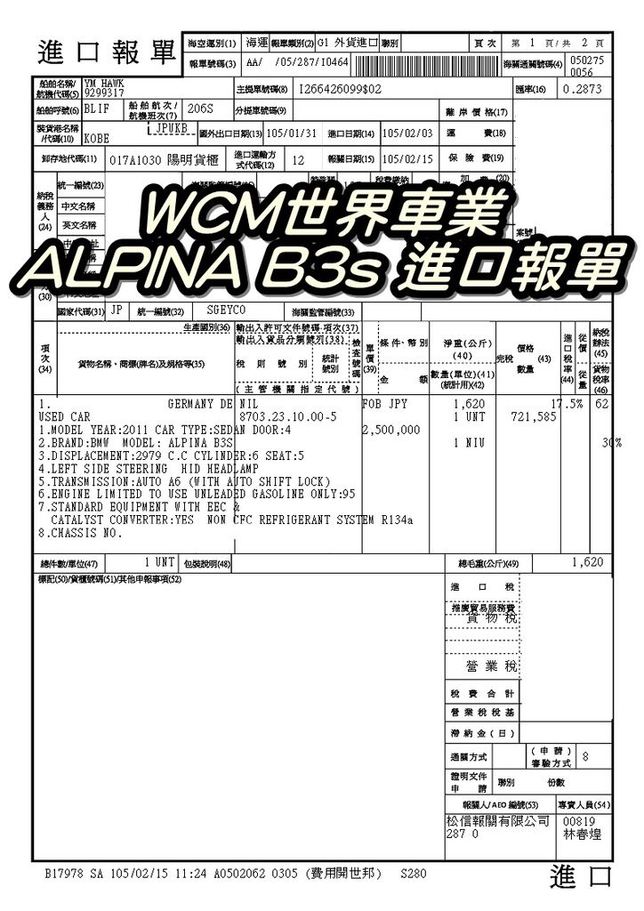 代購外匯車分享，ALPINA B3s外匯車代購回台灣。