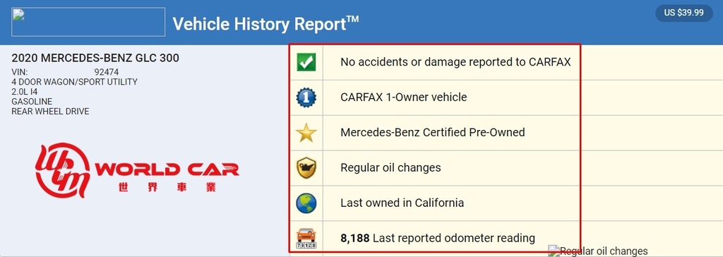 代購M-Benz GLC300外匯車Carfax報告 代購M-Benz GLC300外匯車Carfax報告