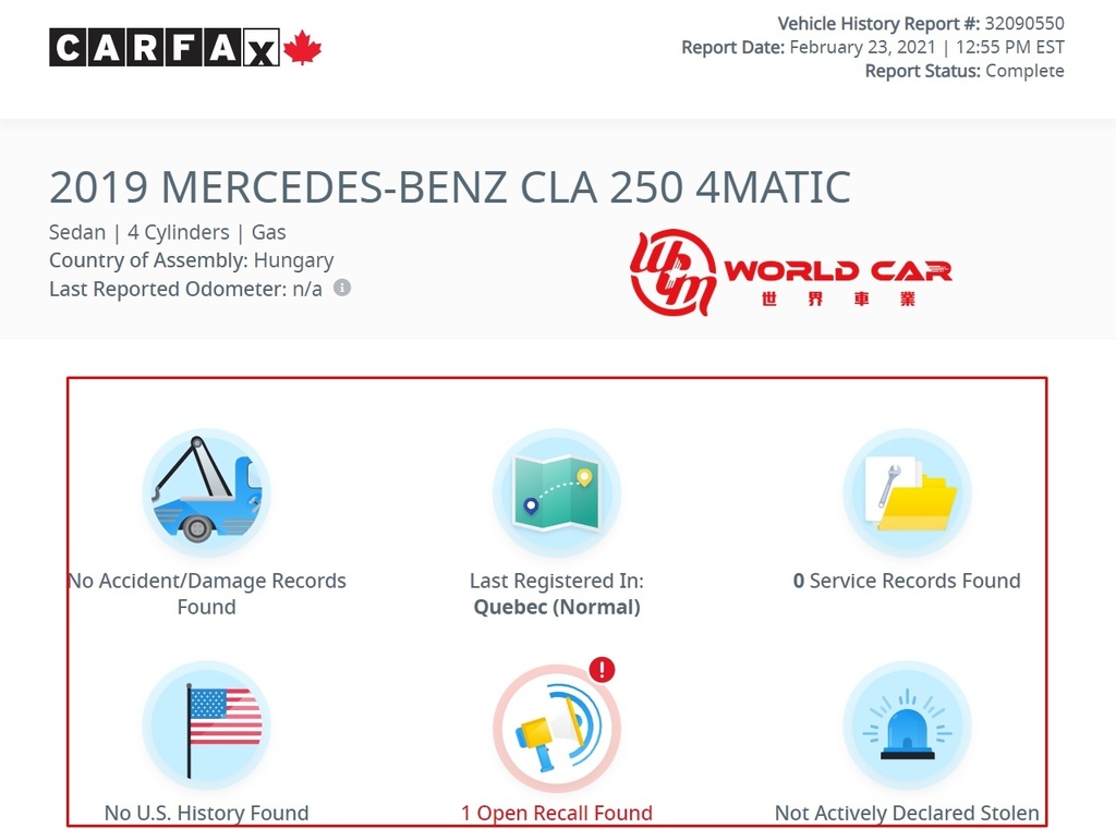 M-Benz CLA250外匯車Carfax報告