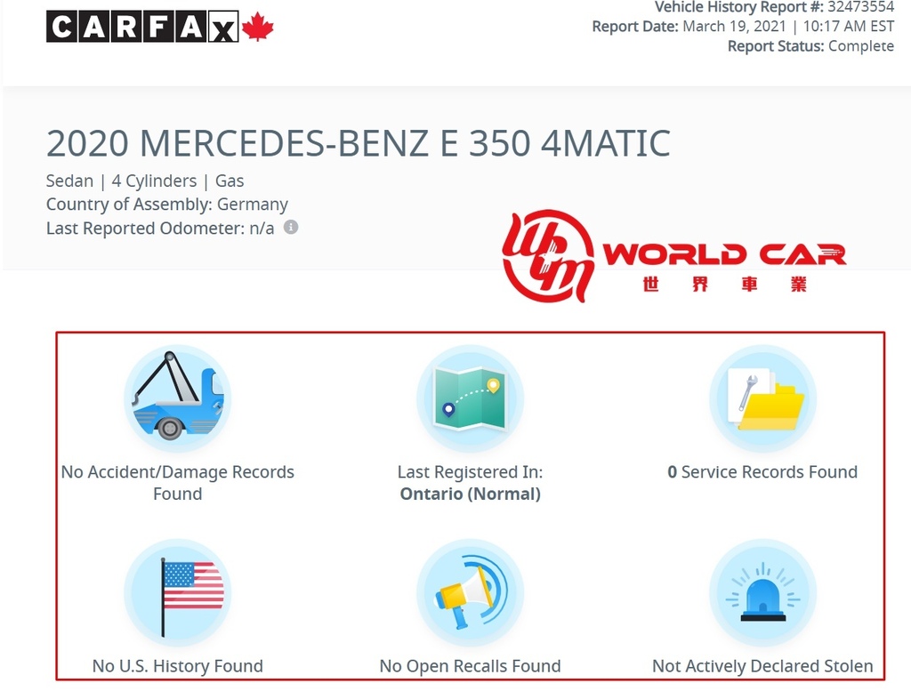 M-Benz E350外匯車Carfax報告介紹