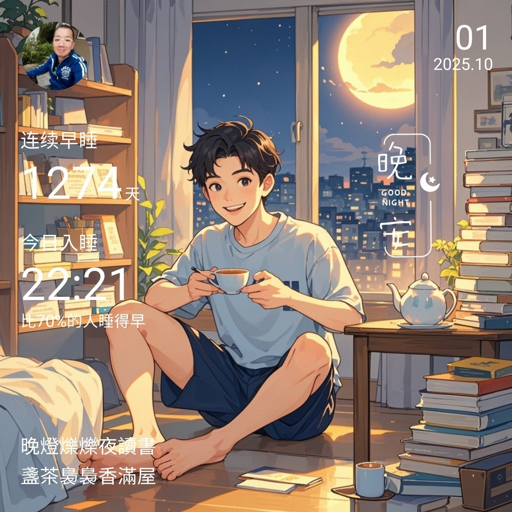 晚安打卡圖,2025.10.01,晚燈爍爍夜讀書,盞茶裊裊香滿屋