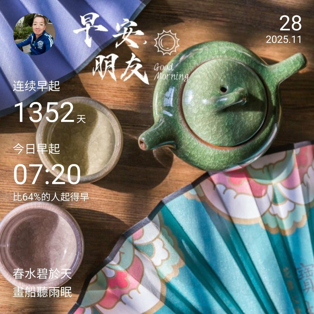 早安打卡圖，2025.11.28，春水碧於天，畫船聽雨眠