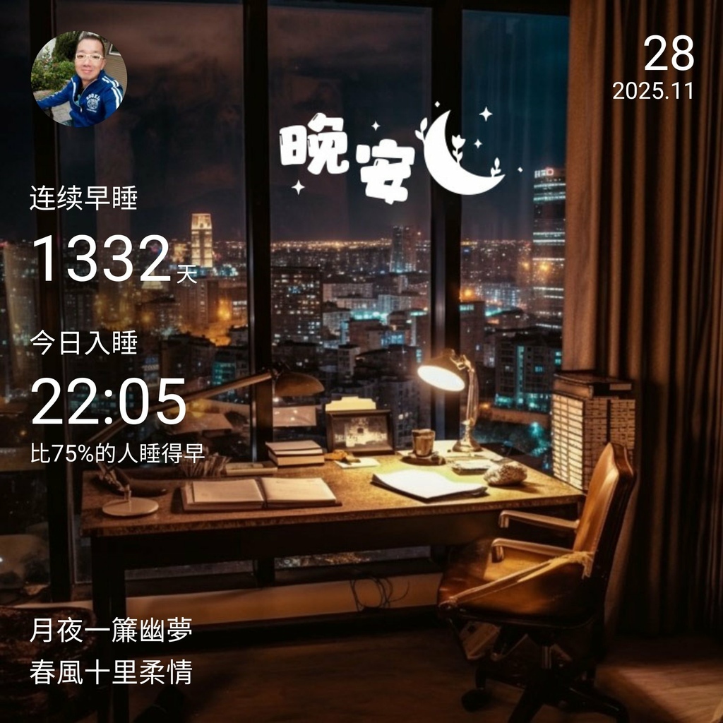 晚安打卡圖，2025.11.28，月夜一簾幽夢，春風十里柔情