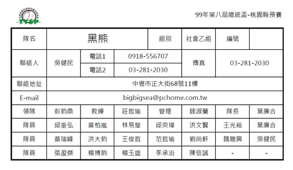 99總統盃桃園預賽報名表