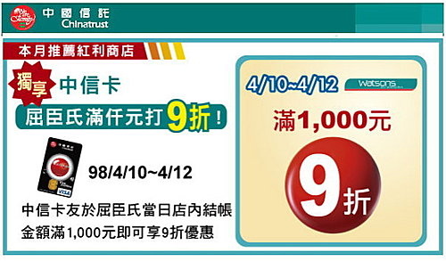 4/10-4/12中信卡獨享屈臣氏滿千元打九折優惠