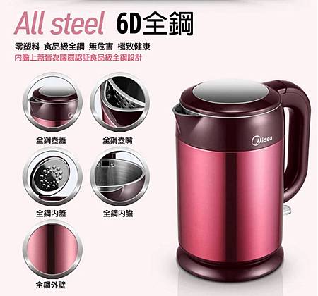 【快煮壺推薦】Midea美的1.7L 雙層防燙不繡鋼快煮壺,超值6D全鋼加熱快~