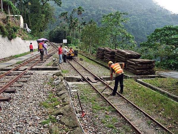 林務局鐵路工程小組正在勘驗鐵軌