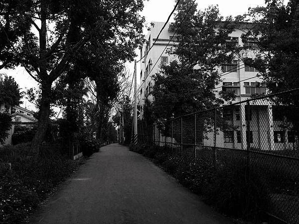 從圍籬道路往後門走去