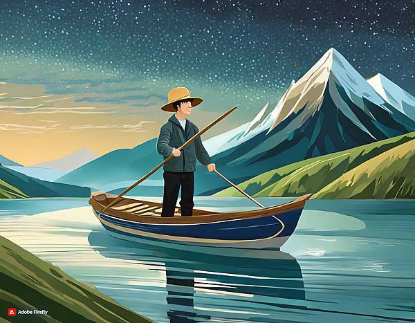 一位乘客登上擺渡過河由鍵盤組成的虛擬小船,船夫為戴漁夫帽華人青年手握櫓槳,登船的一側為荒蕪土地岸邊,船從七彩銀河中央航向另一側,下船岸邊為遠眺青山林蔭兩旁的道路。天色為晨間時刻。.jpg 一位乘客登上擺渡過河由鍵盤組成的虛擬小船,船夫為戴漁夫帽華人青年手握櫓槳,登船的一側為荒蕪土地岸邊,船從七彩銀河中央航向另一側,下船岸邊為遠眺青山林蔭兩旁的道路。天色為晨間時刻。.jpg