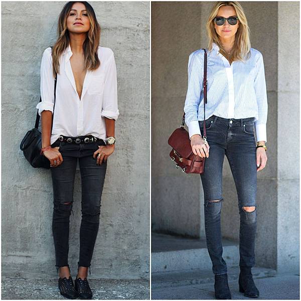 back to school outfit ideas - white pinstripe shirt button down - skinny jeans - ankle boots - street style looks