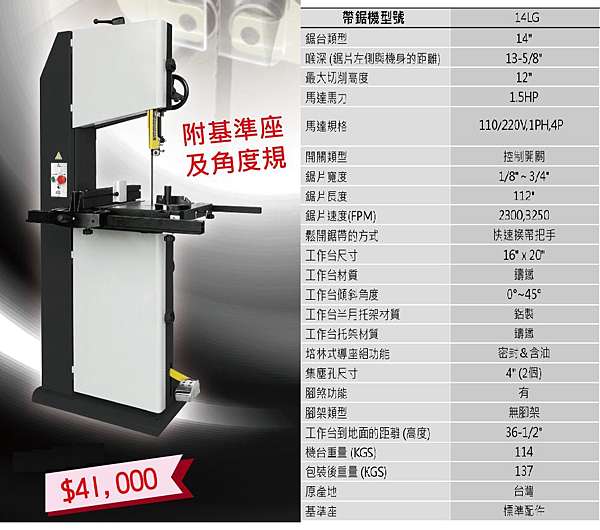 外銷款14吋木工帶鋸機專業機種腳煞車系統加送一捲正日本帶鋸條切削高度超過30公分木工坊剖木場鋸木場工廠藝品原木漂流木
