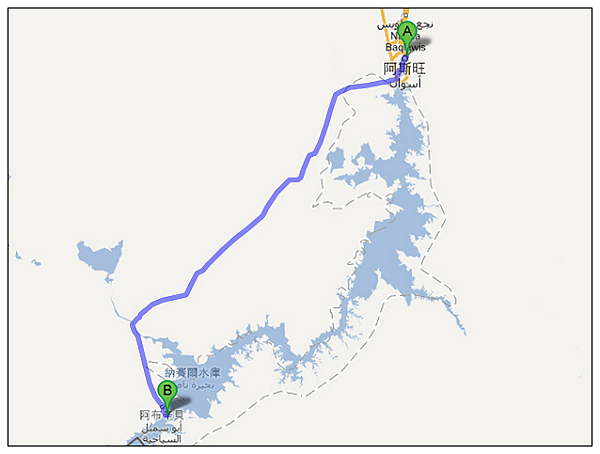 Aswan to Abu Simbel map