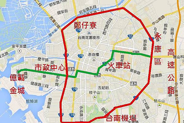 台南捷運初步路線示意圖。綠色為安平線，紅色為環狀線