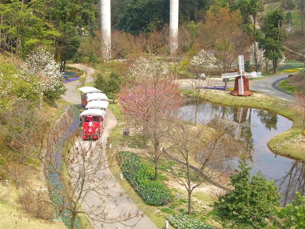 我們沿著散步橋前行，一旁有花之小火車載客遊覽園區