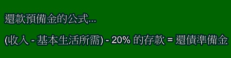 (收入-基本生活所需)-20% 的存款=還債準備金