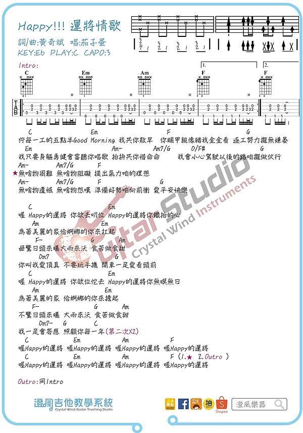 吉他譜 茄子蛋 Happy 運將情歌 含前奏吉他六弦譜 澄風吉他教學系統 澄風吉他教學系統 痞客邦