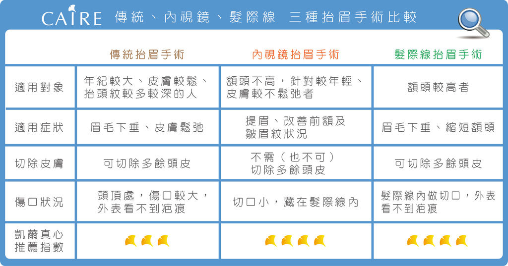 抬眉手術比較表