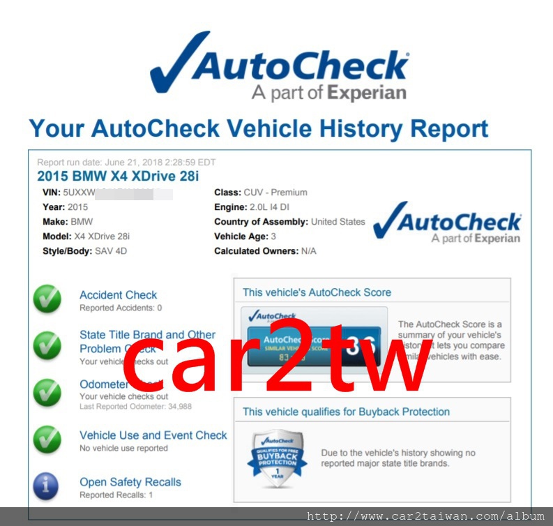 BMW X4 xDrive28i F26國外報告autocheck,autocheck報告可以看的出有沒有事故紀錄及車籍資料Title文件是否有問題,是買外匯車時重要參考資料