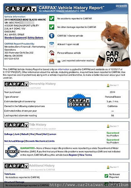 15 BENZ GLA250回台的carfax 15 BENZ GLA250回台的carfax