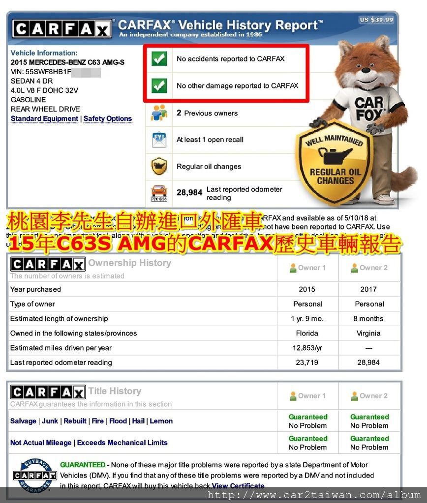 桃園李先生自辦進口回台的15 C63S AMG CARFAX車輛報告 桃園李先生自辦進口回台的15 C63S AMG CARFAX車輛報告