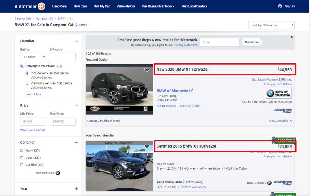 BMW X1外匯車價格區間是多少呢?美國買BMW X1需要多少錢呢? 上圖為美國買車網站autotrader.com的BMW X1價格查詢,2020年的新車BMW X1 sDrive28i價格為44,550美金,而中古車2016 BMW X1 xDrive28i的價錢是24,888美金,這台黑色2016 BMW X1里程數為28,152英哩,為什麼價格差這樣多呢?除了新車與中古車的差別外,年份、配備、車況和里程數等都會影響汽車的售價喔!如果有上買車網站瀏覽過的車友們一定都知道中古車都是一車一況,所以想要買到物超所值的外匯車一定要會用CP值買車法來找到最適合自己的車喔!什麼是CP值買車法?如何利用CP值買車法挑到最適合自己的車呢?CP值買車法適用在所有外匯車上嗎?關於CP值買車法歡迎參加car2tw自辦外匯車教學分享會現場和你分享喔!有關於外匯車相關問題也歡迎來現場直接提問立即回覆喔! BMW X1外匯車價格區間是多少呢?美國買BMW X1需要多少錢呢? 上圖為美國買車網站autotrader.com的BMW X1價格查詢,2020年的新車BMW X1 sDrive28i價格為44,550美金,而中古車2016 BMW X1 xDrive28i的價錢是24,888美金,這台黑色2016 BMW X1里程數為28,152英哩,為什麼價格差這樣多呢?除了新車與中古車的差別外,年份、配備、車況和里程數等都會影響汽車的售價喔!如果有上買車網站瀏覽過的車友們一定都知道中古車都是一車一況,所以想要買到物超所值的外匯車一定要會用CP值買車法來找到最適合自己的車喔!什麼是CP值買車法?如何利用CP值買車法挑到最適合自己的車呢?CP值買車法適用在所有外匯車上嗎?關於CP值買車法歡迎參加car2tw自辦外匯車教學分享會現場和你分享喔!有關於外匯車相關問題也歡迎來現場直接提問立即回覆喔!